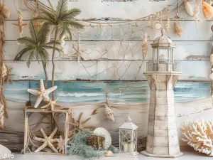 Coastal Lighthouse Backdrop with Seashells and Palm Decor