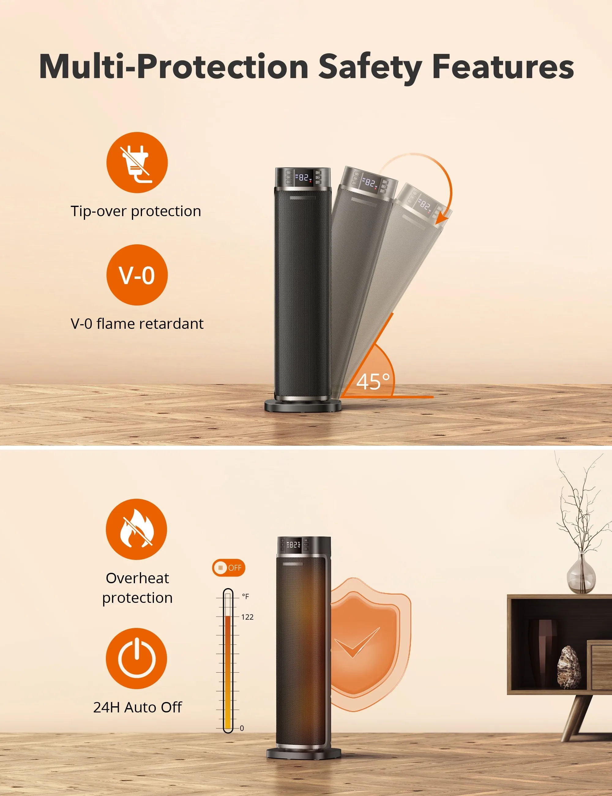 TaoTronics Space Heater, 24'' Indoor Tower Heater, Electric Heater for Inside Home,  1500W Portable Heater with Remote/APP, 70 Oscillating Heater, 12H Timer, PTC Ceramic Heater for Inside