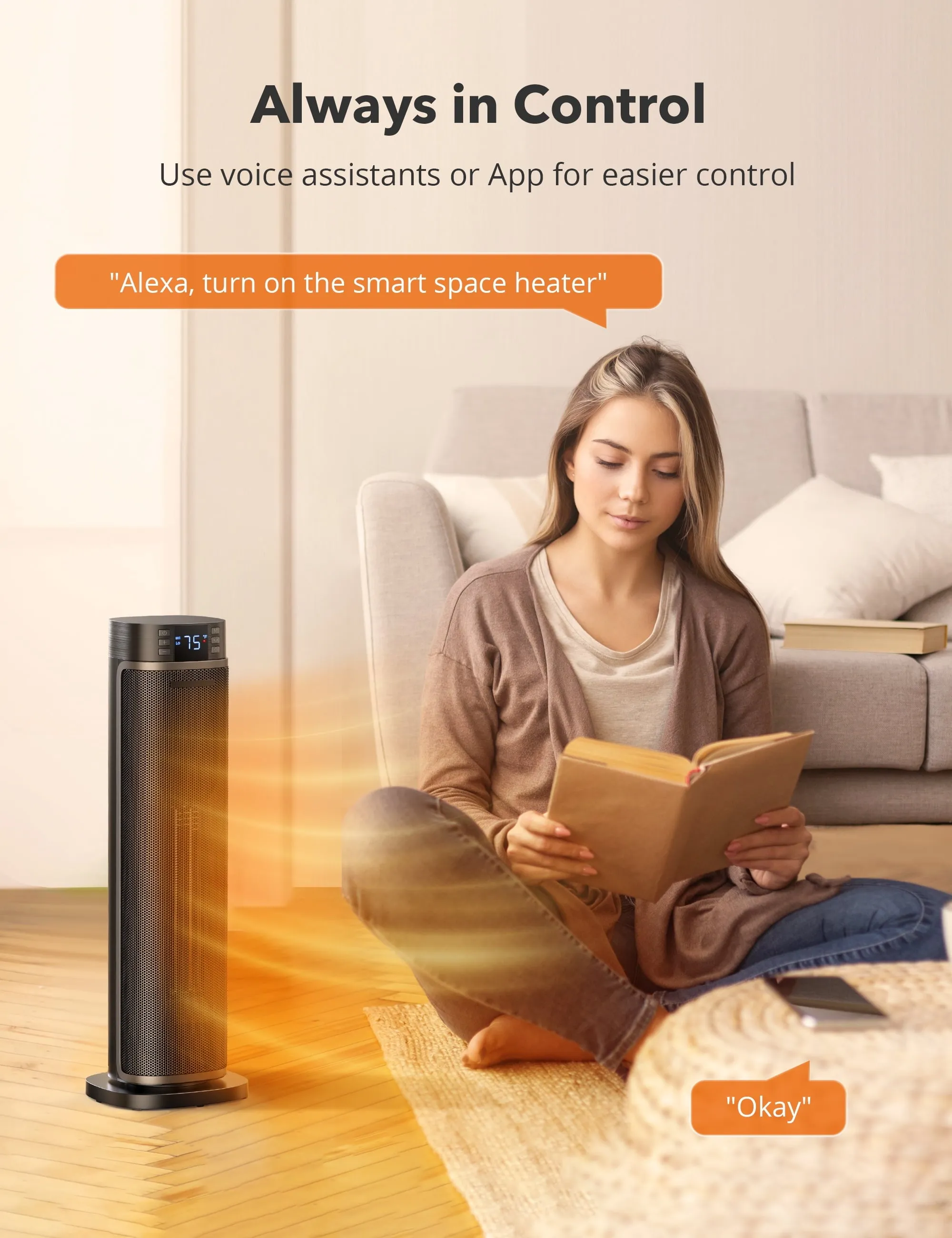 TaoTronics Space Heater, 24'' Indoor Tower Heater, Electric Heater for Inside Home,  1500W Portable Heater with Remote/APP, 70 Oscillating Heater, 12H Timer, PTC Ceramic Heater for Inside