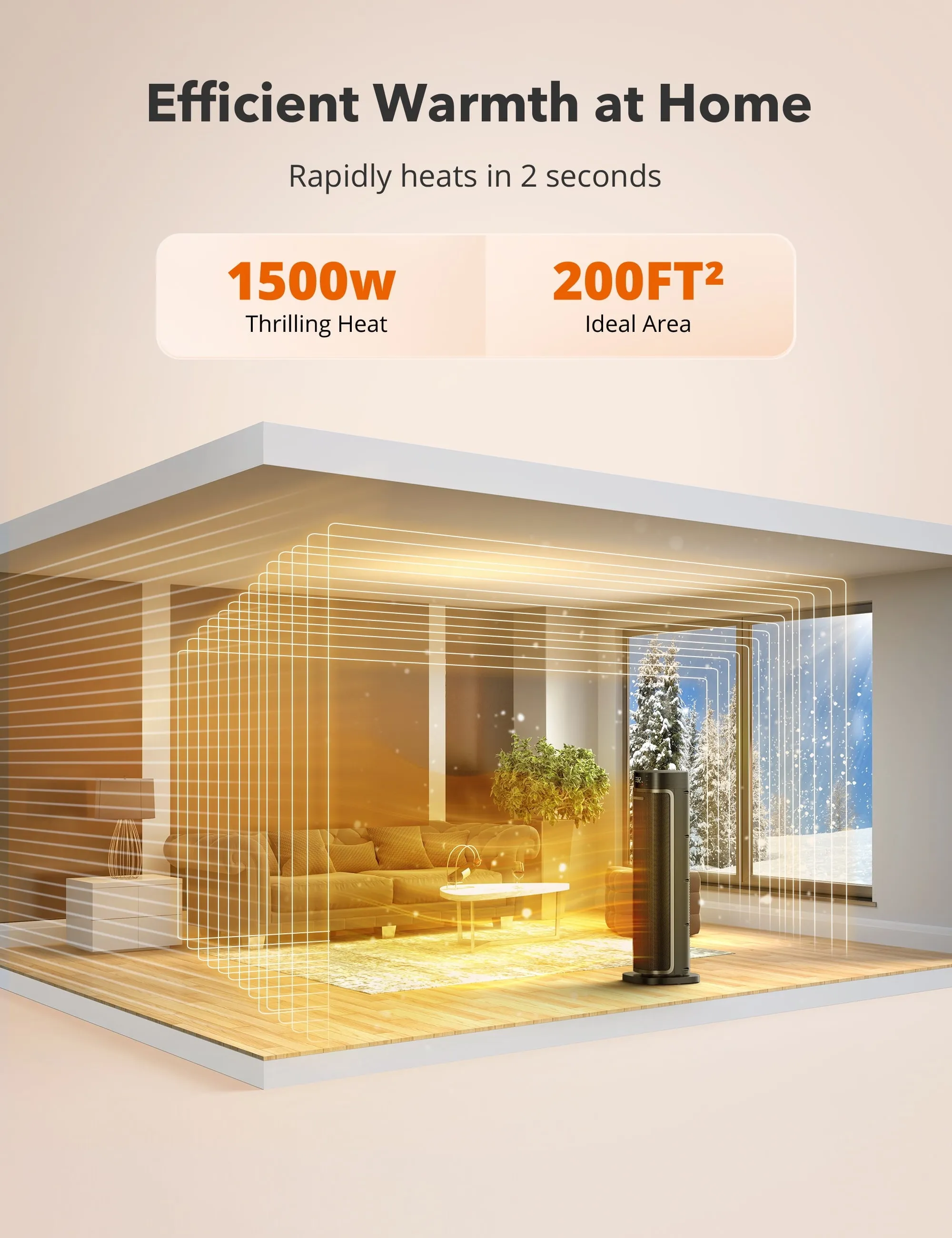 TaoTronics Space Heater, 24'' Indoor Tower Heater, Electric Heater for Inside Home,  1500W Portable Heater with Remote/APP, 70 Oscillating Heater, 12H Timer, PTC Ceramic Heater for Inside