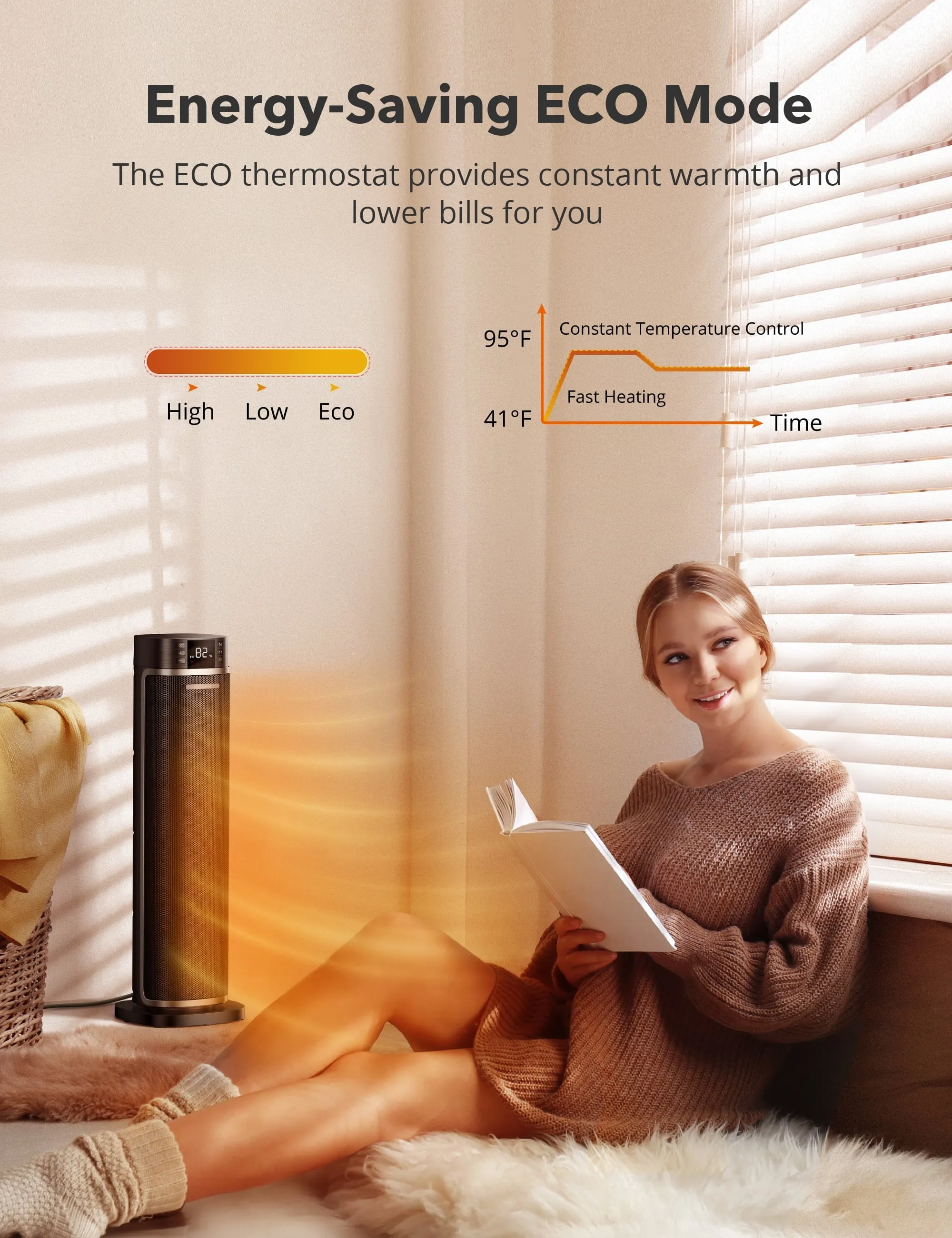 TaoTronics Space Heater, 24'' Indoor Tower Heater, Electric Heater for Inside Home,  1500W Portable Heater with Remote/APP, 70 Oscillating Heater, 12H Timer, PTC Ceramic Heater for Inside