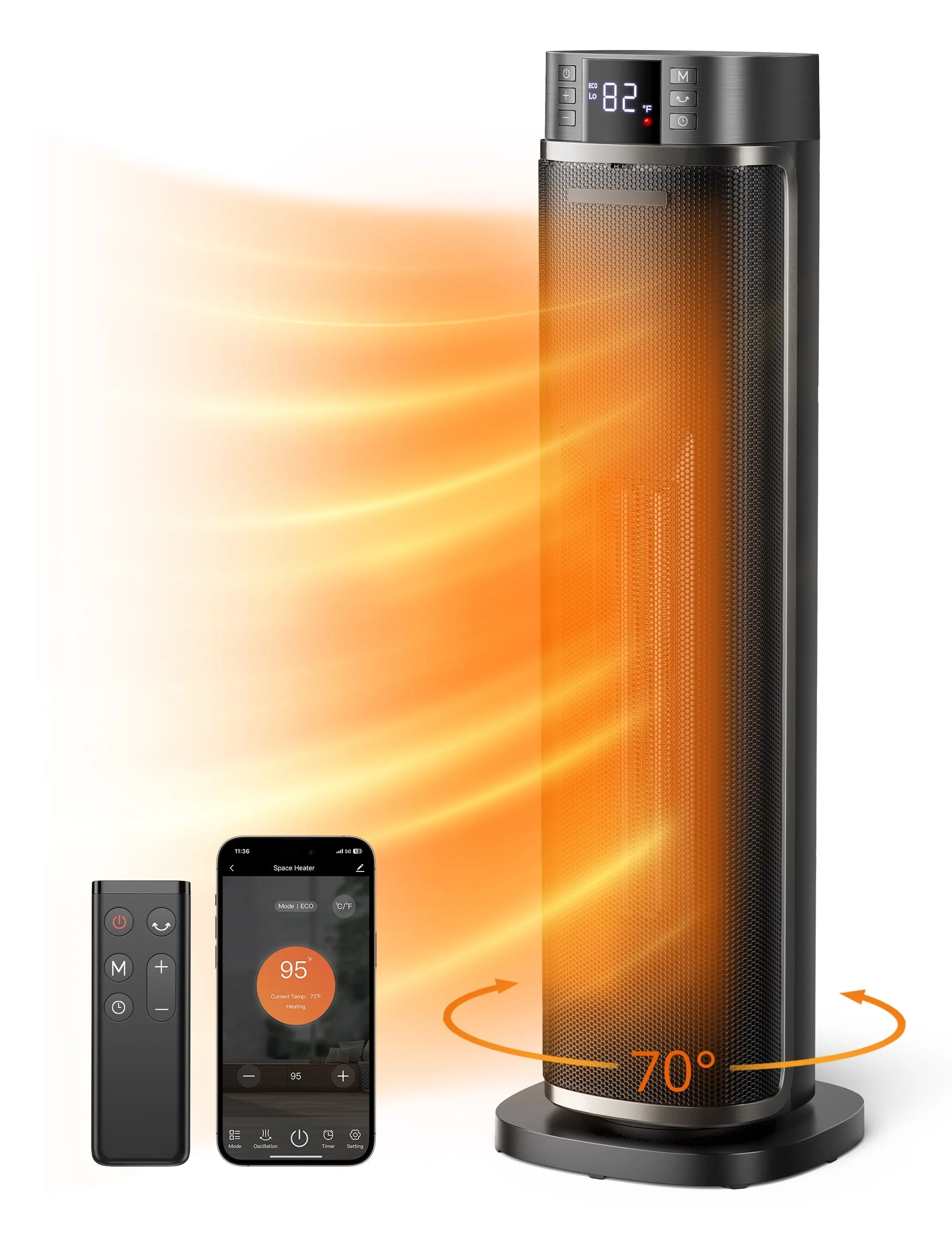 TaoTronics Space Heater, 24'' Indoor Tower Heater, Electric Heater for Inside Home,  1500W Portable Heater with Remote/APP, 70 Oscillating Heater, 12H Timer, PTC Ceramic Heater for Inside