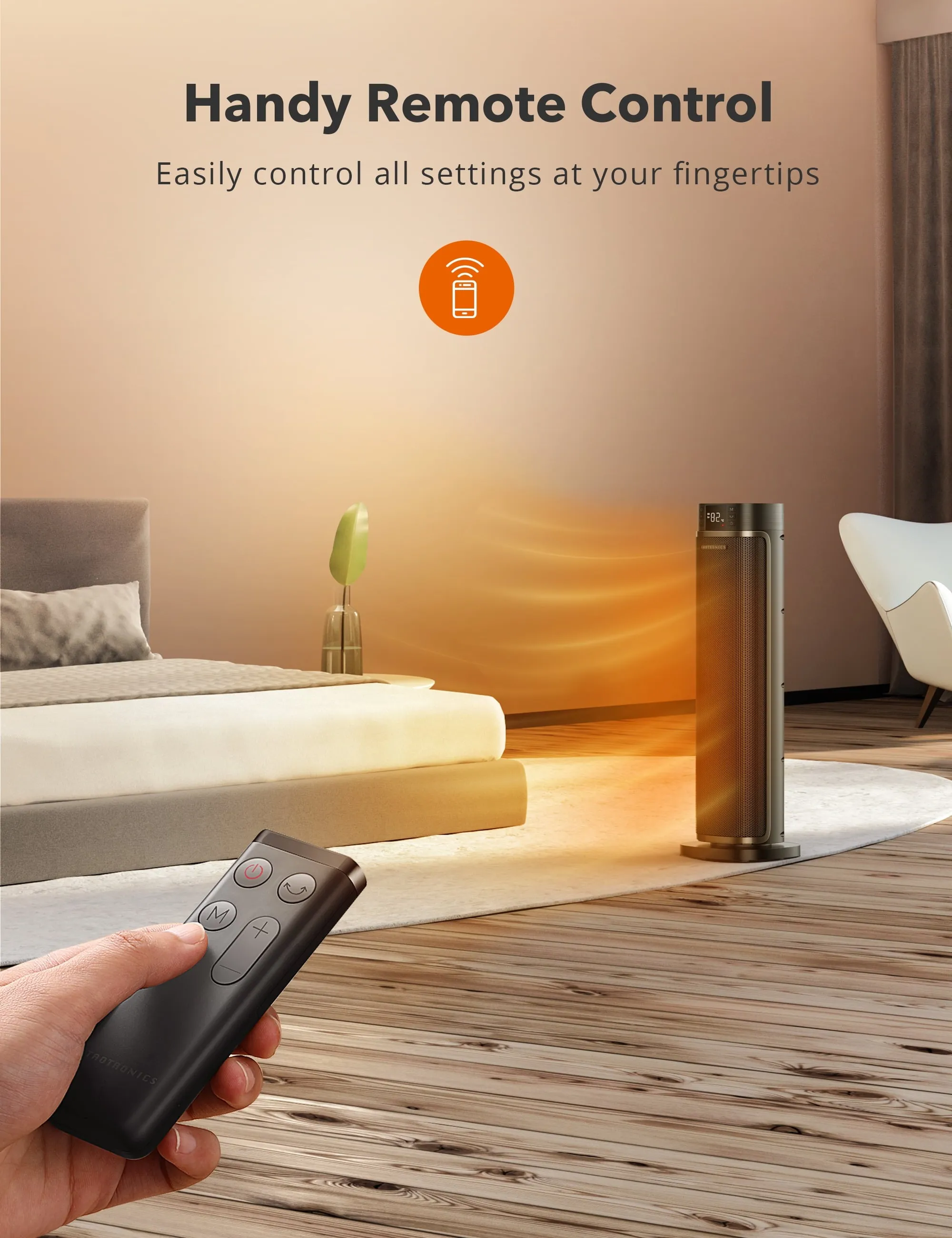 TaoTronics Space Heater, 24'' Tower Heater, Electric Heater for Inside Home,  1500W Portable Heater with Remote, 70 Oscillating Heater, 12H Timer, PTC Ceramic Heater