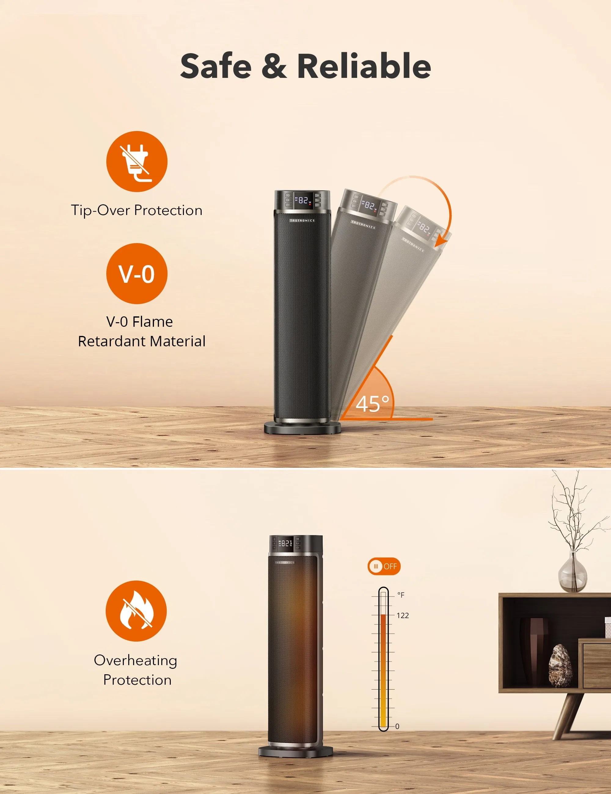 TaoTronics Space Heater, 24'' Tower Heater, Electric Heater for Inside Home,  1500W Portable Heater with Remote, 70 Oscillating Heater, 12H Timer, PTC Ceramic Heater