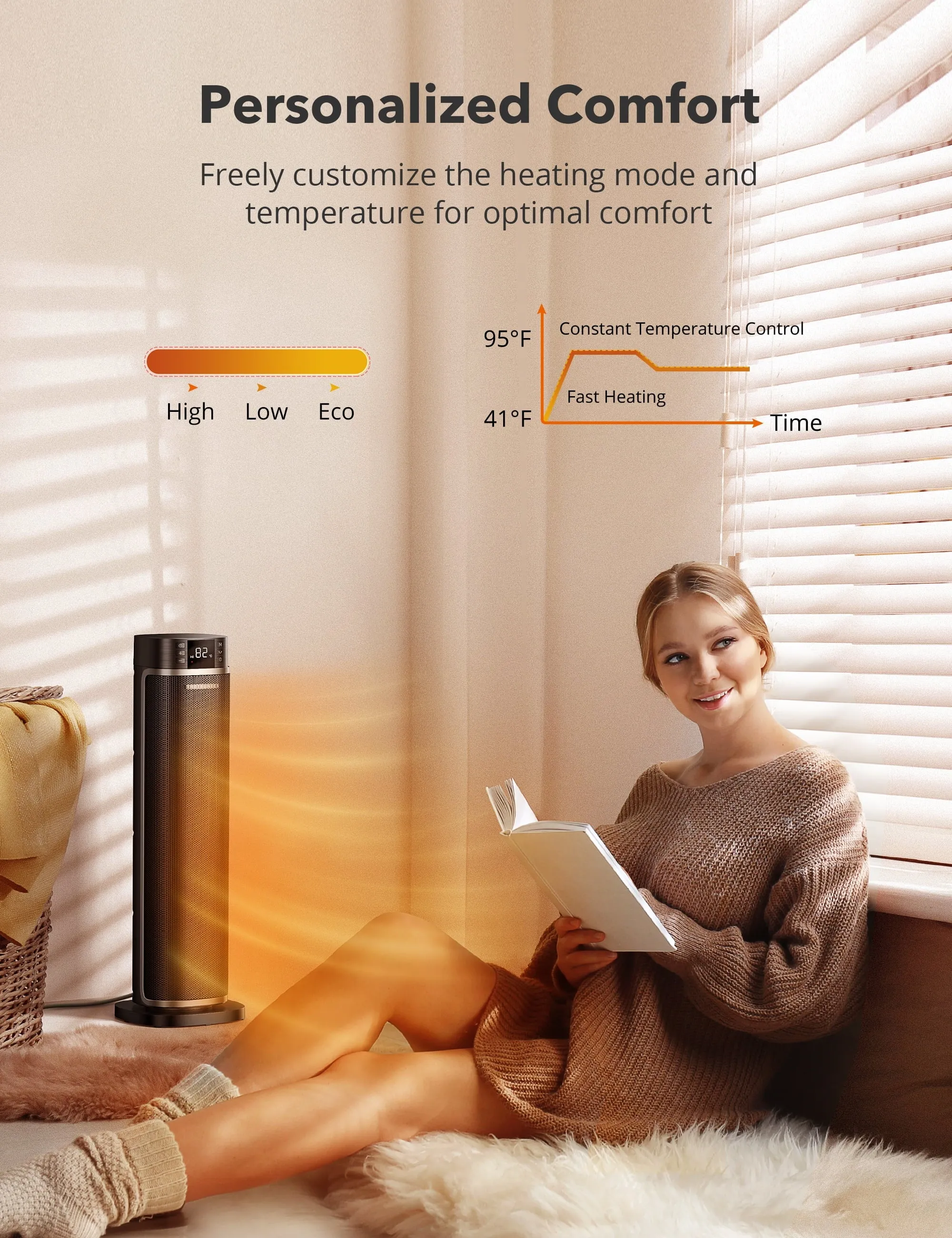 TaoTronics Space Heater, 24'' Tower Heater, Electric Heater for Inside Home,  1500W Portable Heater with Remote, 70 Oscillating Heater, 12H Timer, PTC Ceramic Heater